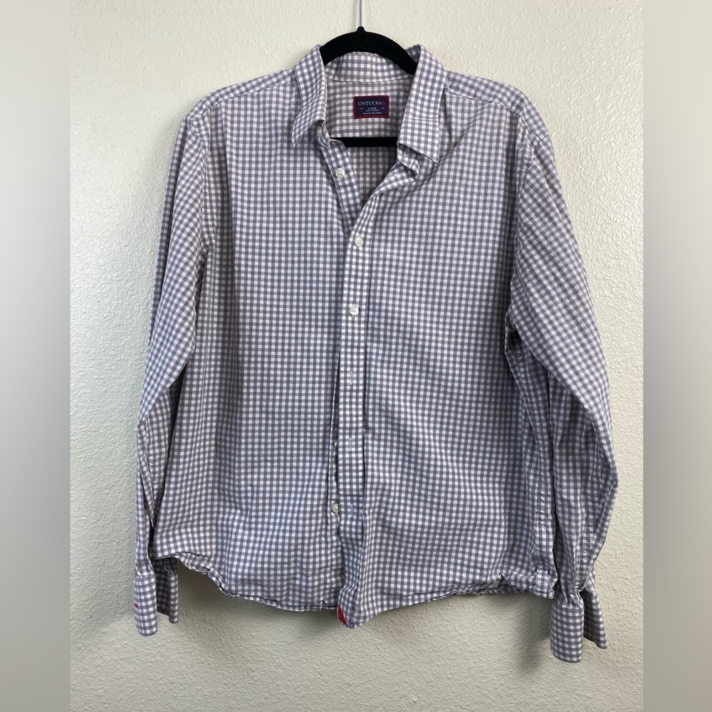Untuckit Plaid Gingham Long sleeve Shirt Men’s Large Button Down Gray Cotton